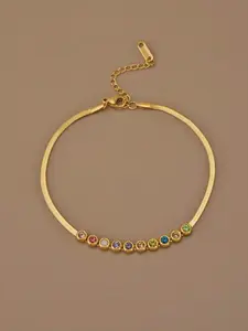 Gold Herringbone Anklet for Women, Retro Colorful Cubic Zirconia Beaded Ankle Bracelet, Affordable luxury Dainty Minimal Design Stainless Steel Foot Chain, Summer Beach Jewelry Gift for Her