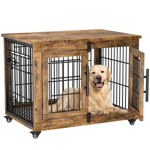 【Deals for Your Days】AOWOS 32-Inch Dog Crate With Padded, 2-Door Wooden Wheels, Indoor Dogs Kennel for Small to Medium