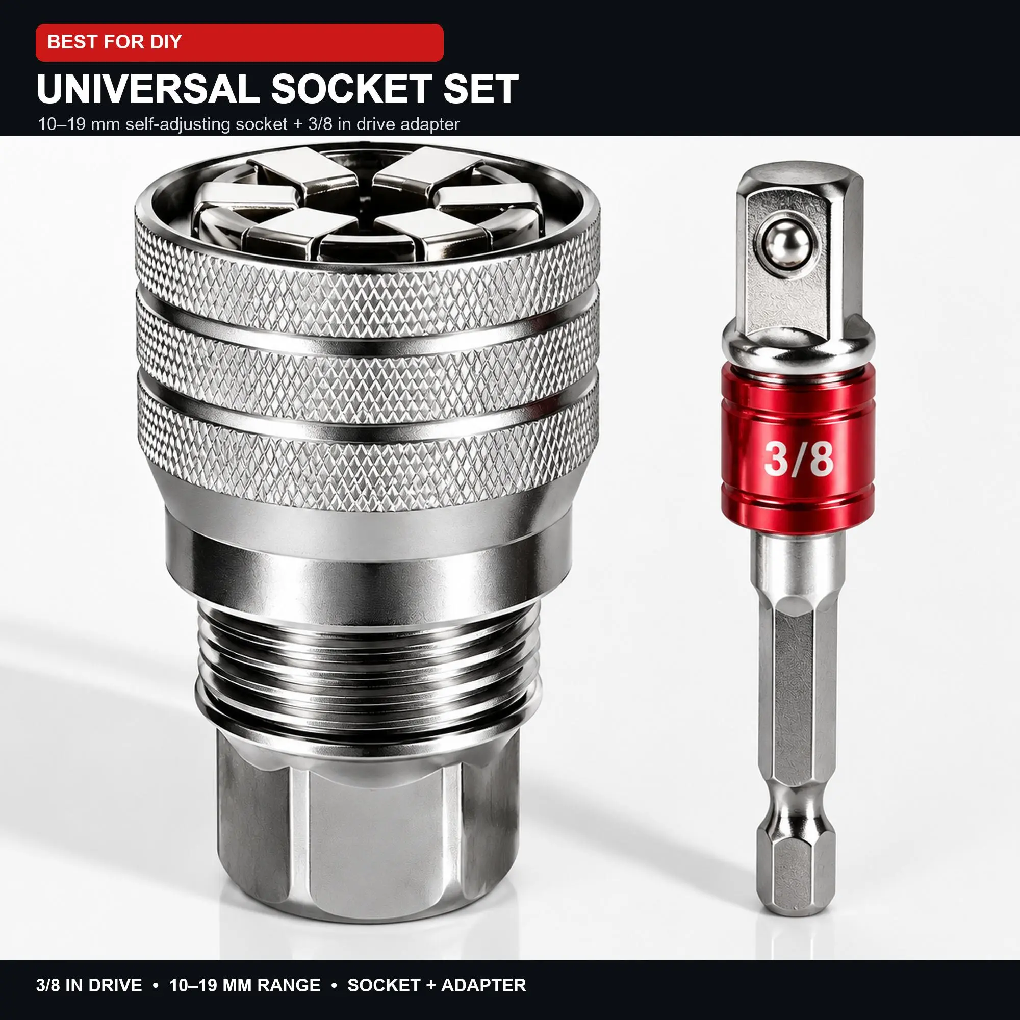 Universal Socket Set 10-19mm, Self Adjusting Socket Wrench with 3/8" Drive Adapter, Multi Size Socket Tool for Car Repair, Garage, DIY Projects & Home Maintenance