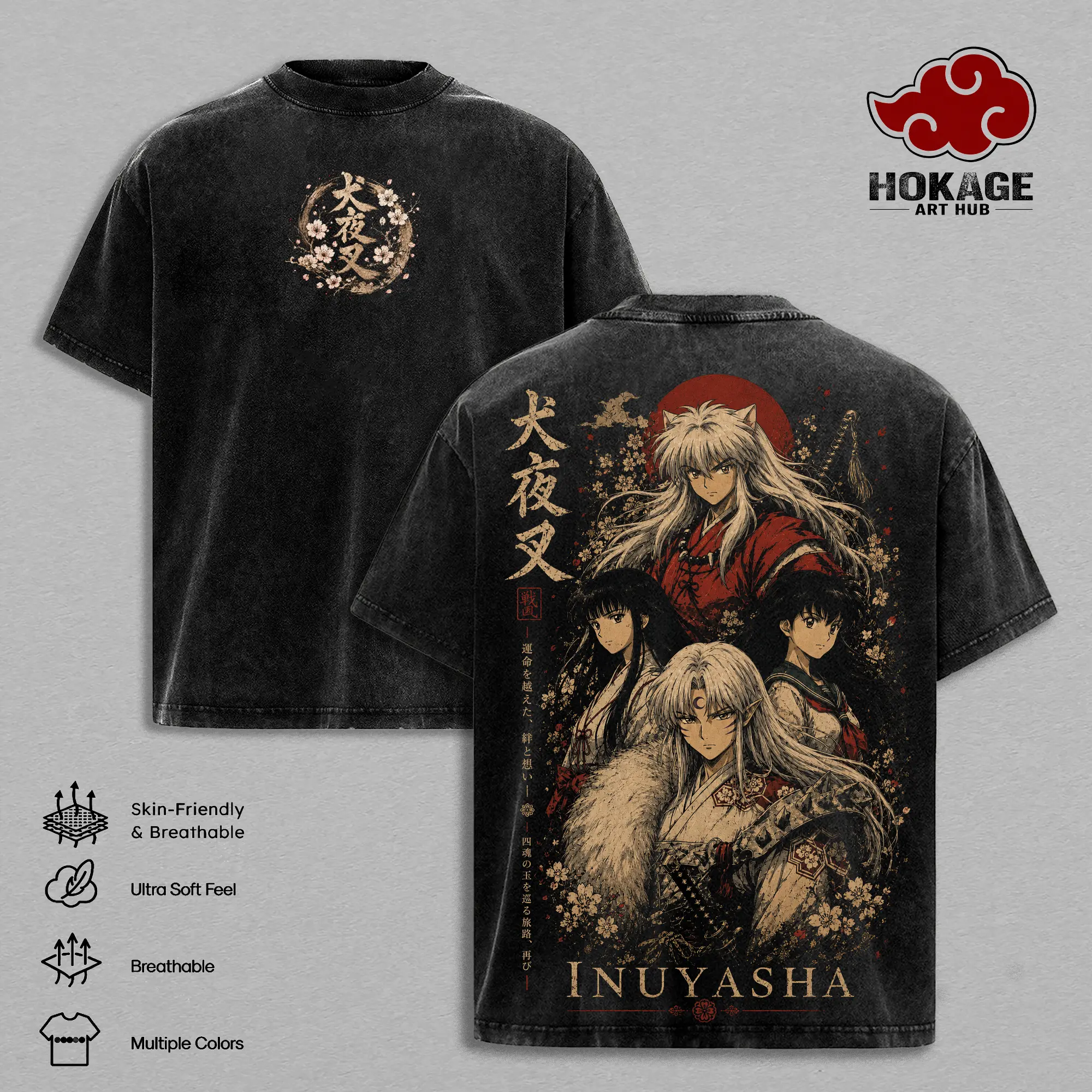Inuyasha Sesshomaru Kagome Vintage Clothes Washed Anime Graphic Tee Manga Shirt Japan Anime T-Shirt Oversized Heavy Cotton Streetwear Top Classic Anime Fan Gift for Men Women