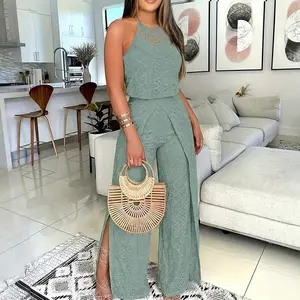 ChicMe Women's Halter Neck Guipure Lace Jumpsuit Backless Jacquard Textured Overalls Elastic Waist Wrapped Slit Vacation One Piece Outfits