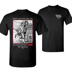 Firefighter Climbing Ladder Graphic 2 Sides, Grim Reaper Behind Truck with Quote Everything Will Kill You, Vintage FDNY Style T Shirt for Firefighters and First Responders