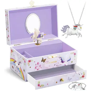 Kids Musical Jewelry Box with Big Drawer and zirconia stones Jewelry Set with Spinning Unicorn and Glitter Rainbow Butterfly Design - Beautiful Dream Tune Purple