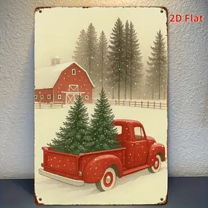 2D Flat, 1pc Vintage Christmas Metal Wall Decor - Rustic Farmhouse Holiday Decoration with Red Truck, Tree, Barn - Durable Iron Sign for Indoor/Outdoor - Country Christmas Living Room, Kitchen, Office Decor - 8x12 Inches (30x20cm)