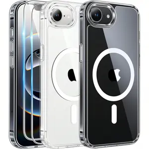 Phone Case: 3pcs [1 Phone Case + 2X Clear Screen Protectors] iPhone 17e 16e Clear Protective Case: Magnetic Phone Case with Screen Protector, Supports Wireless Charging Magnetic Anti-Yellowing Shockproof Clear Phone Cover