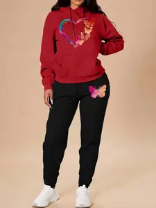 Women's Butterfly & Heart Print Drop Shoulder Sweatshirt & Drawstring Waist Pants Two-piece Set, Casual Fashion Cozy Breathable Two Piece Outfits for Daily Wear, Ladies Clothes for All Seasons