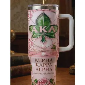 Alpha Kappa Alpha Tumbler with Handle – AKA Sorority Luxury Mug, Pink & Green Stainless Steel Cup, Perfect AKA Gift
