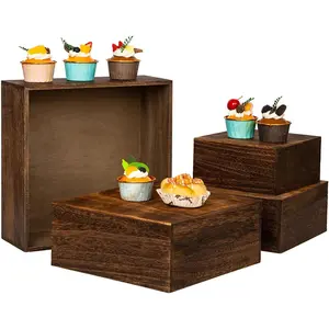 Brown Square Wooden Cake Stands For Display,Set Of 4  Cupcake Stands Risers, 12 Inches Rustic  Crates For Wedding Cake Display, ( Brown)