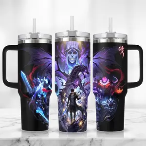 Solo Leveling Shadow Monarch Sung Jin-Woo Purple Aura Skull Tumbler With Handle Straw Full Wrap Anime Design - 20oz/40oz Insulated Travel Mug With Straw Lid