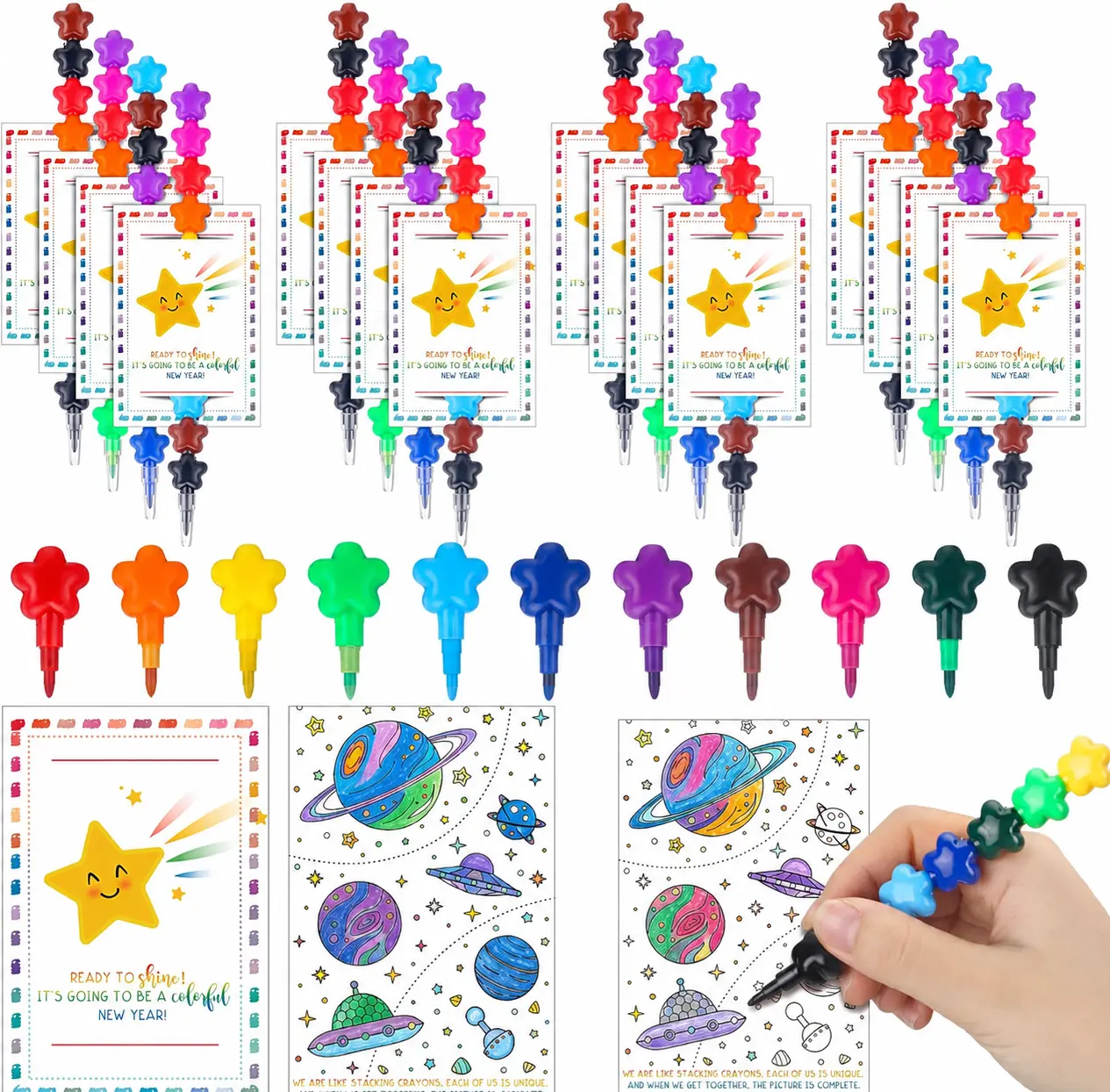Back to School Gifts Stackable Crayons with Gift Card Double Sided Coloring Postcard Gifts Bulk, 24/36 Sets Rainbow Stacking Crayons for Preschool Elementary Kindergarten Student Teacher, Drawing Painting kit for First Day of School Classroom Reward Gift