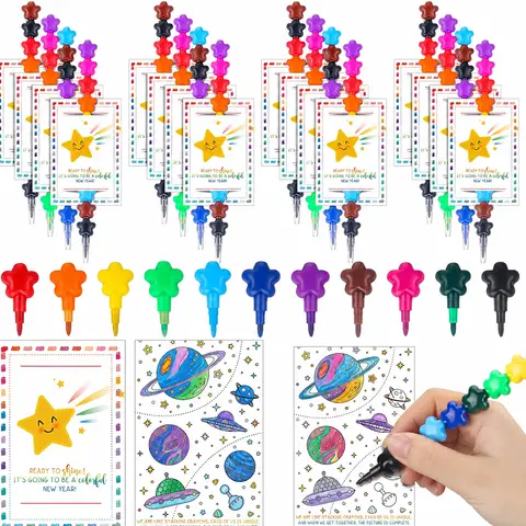 Stackable Crayons with Gift Card Double Sided Coloring Postcard Gifts Bulk, 24/36 Sets Christmas Stocking Stuffers Rainbow Stacking Crayons Drawing Painting kit Class Christmas Gifts for Students Reward Gift for Preschool Elementary Kindergarten