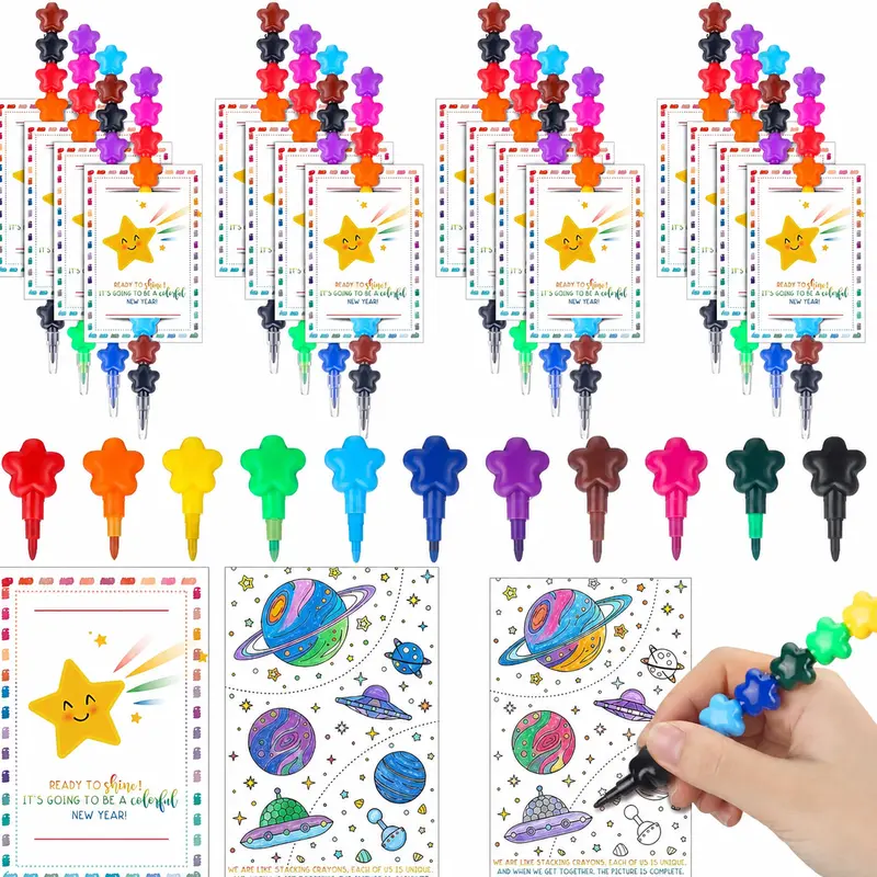 Stackable Crayons with Gift Card Double Sided Coloring Postcard Gifts Bulk, 24/36 Sets Christmas Stocking Stuffers Rainbow Stacking Crayons Drawing Painting kit Class Christmas Gifts for Students Reward Gift for Preschool Elementary Kindergarten
