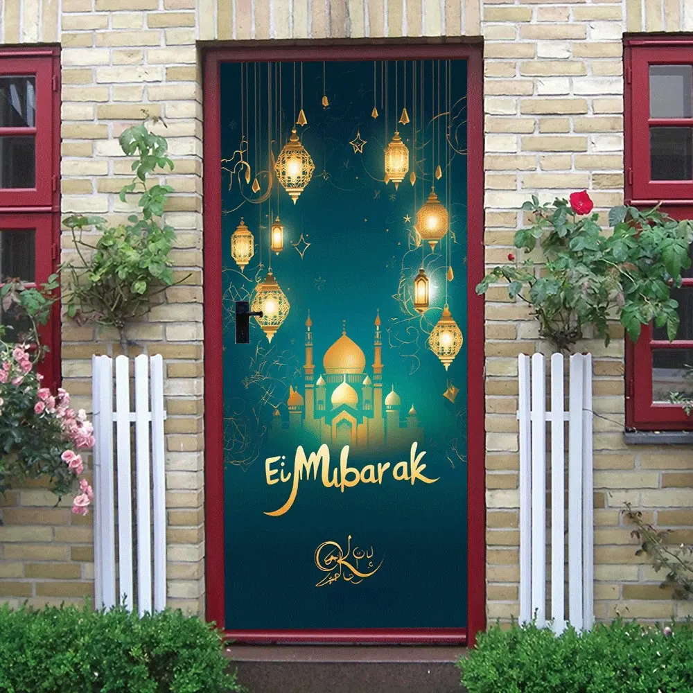 2pcs Eid Mubarak Decorative Wall Stickers Mosque Lantern Pattern Festival Decals Muslim Home Door Window Decorations Removable Self Adhesive Islamic Festival Supplies Ramadan Theme Home Decor Stickers Fe