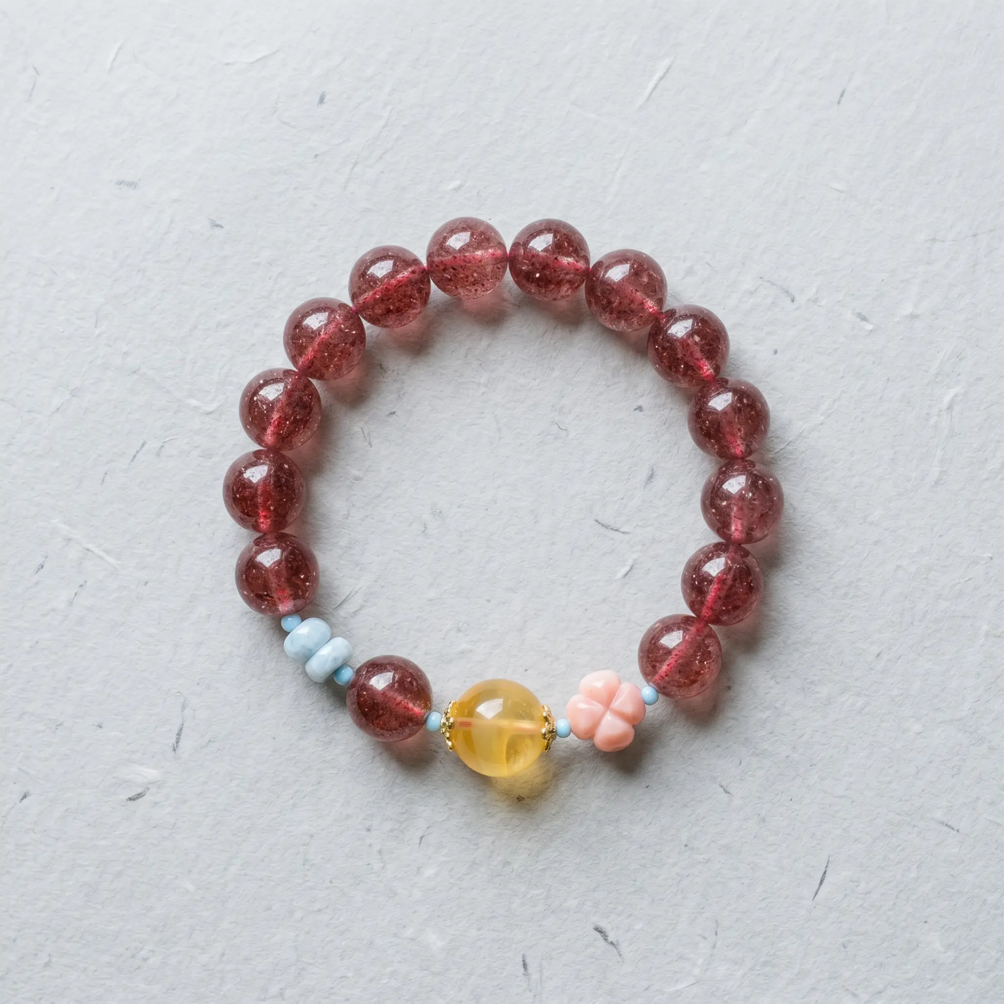 Unisex Beaded Bracelet with 11mm Pigeon-Blood Strawberry Quartz, Larimar, Beeswax Amber, and Carved Queen Conch Shell for Romantic Attraction, Crystal, Emotional Healing, One Size, Adults
