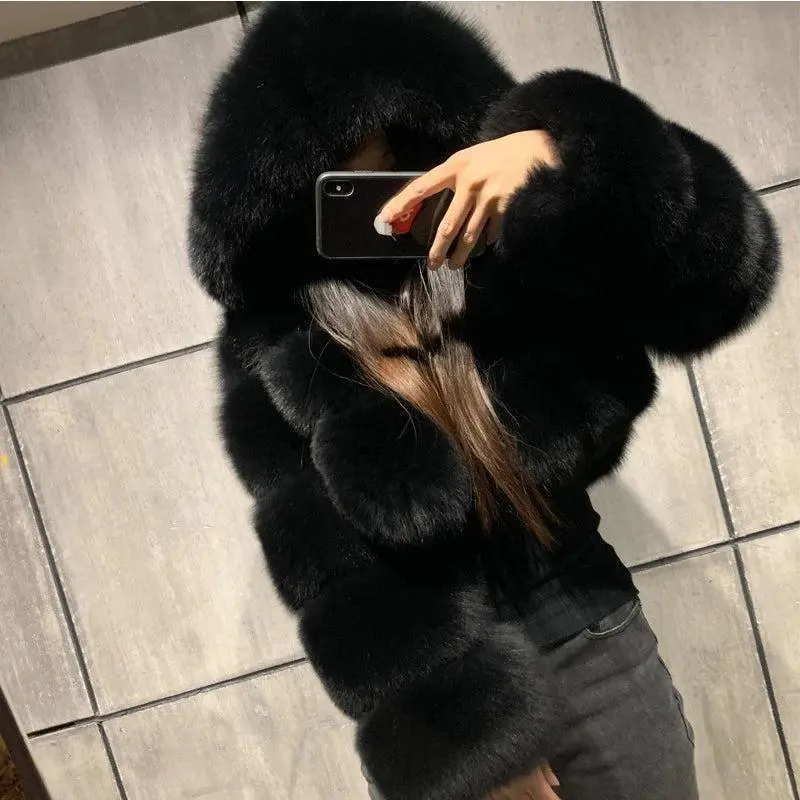 Trendy Furry Cropped Faux Fur Coat With Hood, Outerwear, Trendy, Versatile, Comfort, Wear, Style, Outfit, Essential, Chic, Elegant, Classy, Modern, Stylish, Daily, Casual, , , Fashion Forward