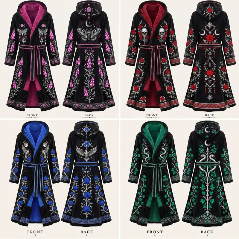 Gothic Flannel Robe, Hooded Witchy Fleece Bathrobe, Warm Flannel Loungewear,Halloween Gift,  Dark Cottagecore Nightwear