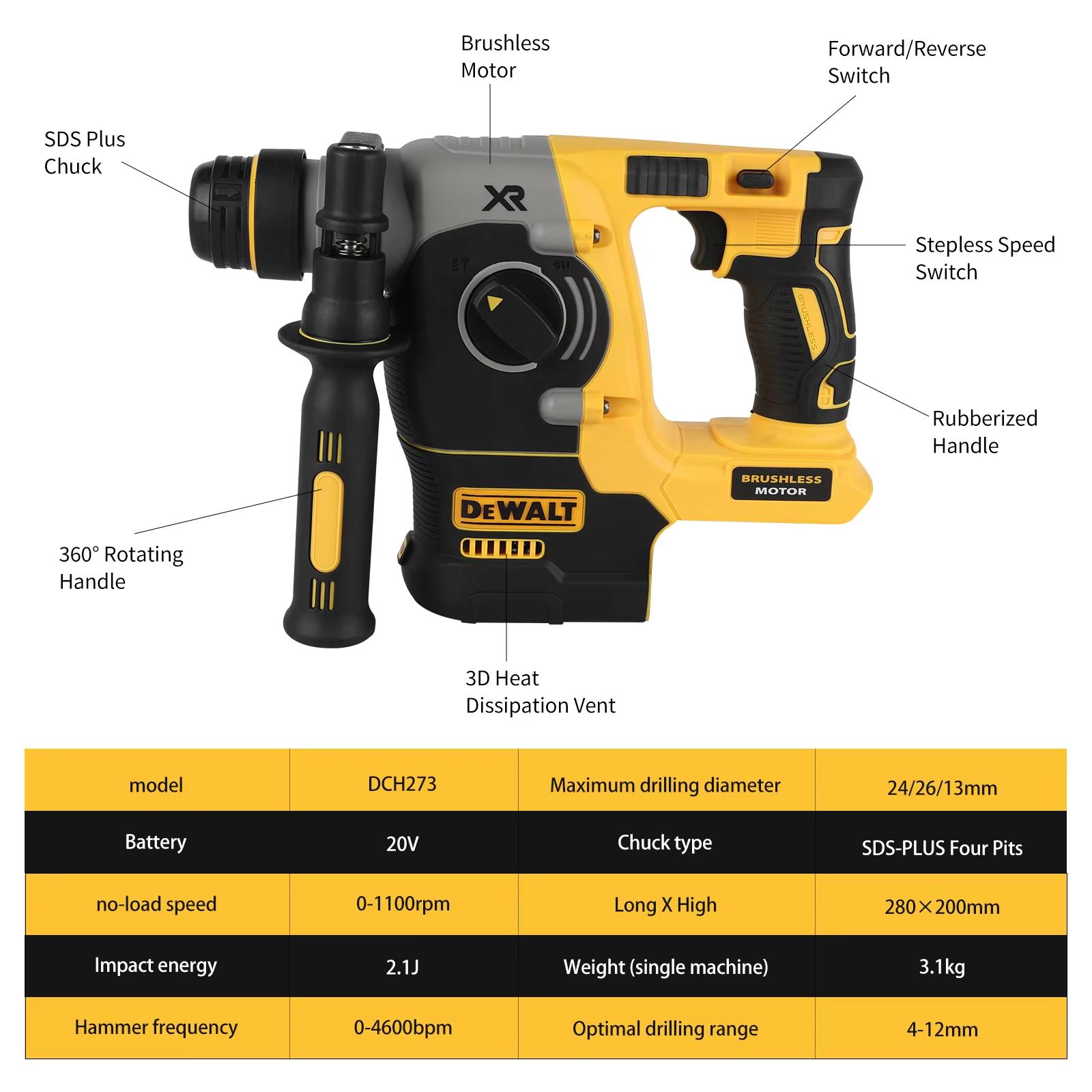 DEWALT DCH273 20V Brushless Cordless Rotary Hammer 2.1JImpact Energy with 6.0Ah Battery Power Tool for Concrete Brickand Stone Drilling Compact Rotary Hammer with 360 DegreeAuxiliary Handle and Stable Performance