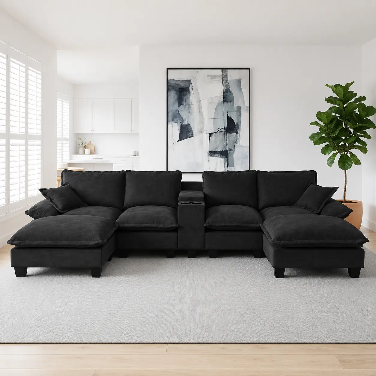 Classic Grey U-Shape Modular Cloud Sectional Sofa - Plush Chenille Fabric, Oversized Deep Seat, Cup Holders, Hidden Storage, USB Charging Port, 2 Movable Ottomans, 2 Throw Pillows, Convertible Space-Saving Indoor Furniture for Living Room/Apartment, Sturd