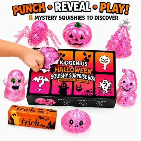 KIDGENIUS 8-Pack Soft Squishy Sensory Play Fidget Squeeze Toys - Spooky Halloween Pumpkin Ghosts Glitter Squishies, Kids Safe Stress Relief Surprise Box, Party Favors