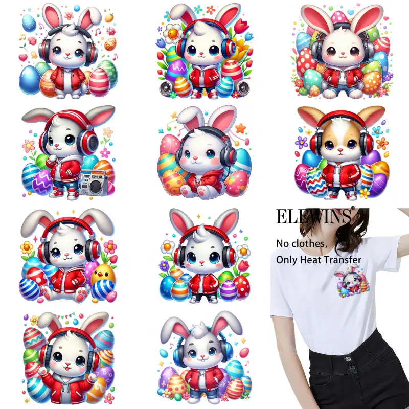 12-Piece Hip Hop Bunny Easter Heat Transfer Stickers - DIY Hot Transfer Decorative Patches for T-Shirts, Jeans, Hats, and Bags, Easy Peel-and-Stick Fabric Transfers.