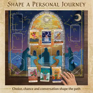 A Tarot-Guided Journey: Mystic Crossroads | 1-5 Players | Beginner Friendly | Cooperative storytelling card game | Groups or Solo| Meanings on Cards | Includes Deck, Cloth, Card Box, Mystic Dice