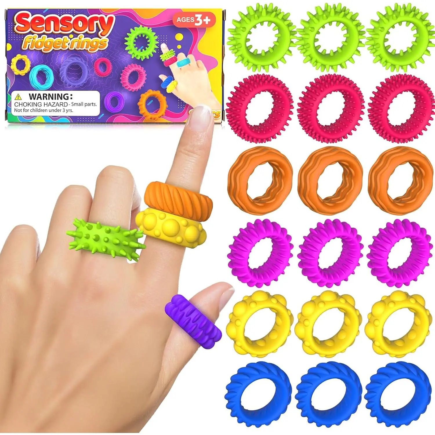 X-SRT03 Fidget Toys Kids Sensory Rings: Fidget Ring Sensory Toys for Kids with Autism - Quiet Anxiety Fidgets for Classroom 18 Pack