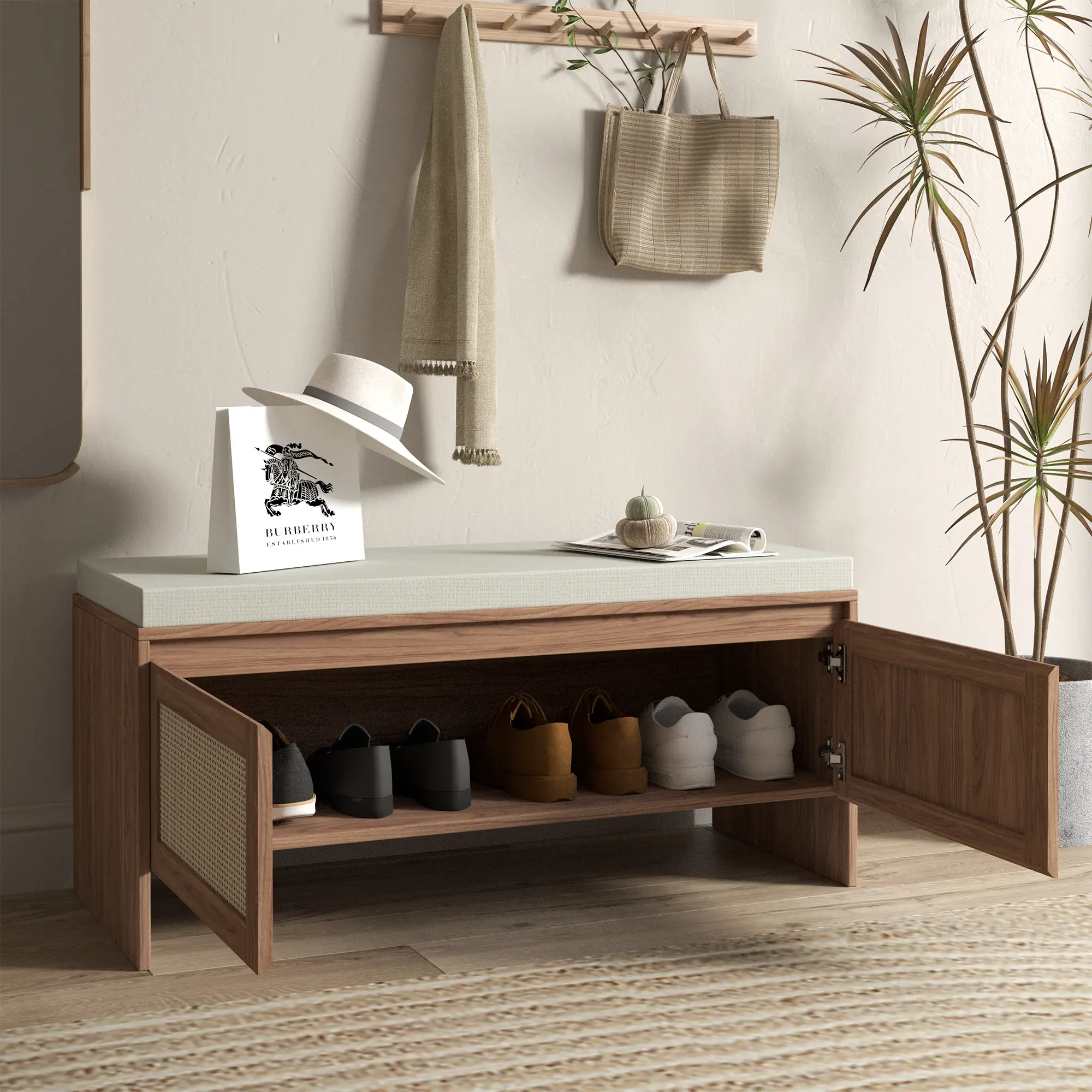 Cushioned Natural Finish PP Rattan Storage Bench - 2-Door Faux Rattan Shoe Cabinet, Mid-Century Modern Wood Entryway Seat for Bedroom, Hallway, Cushioned Seat