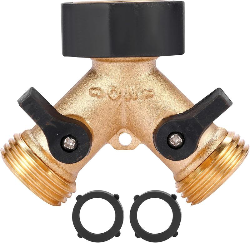 Outdoor Heavy-Duty Brass Y-Shape Garden Hose Splitter, 2-Way Attachment, Water Hose Adapter for Flow Division, Plus 2 Extra Rubber Washers