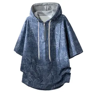 Men’s American-style summer tie-dye hooded sweatshirt with half zip and three-quarter sleeves—trendy casual athletic fit, loose, comfortable, breathable, versatile; unisex, suitable for everyday wear and outdoor sports.