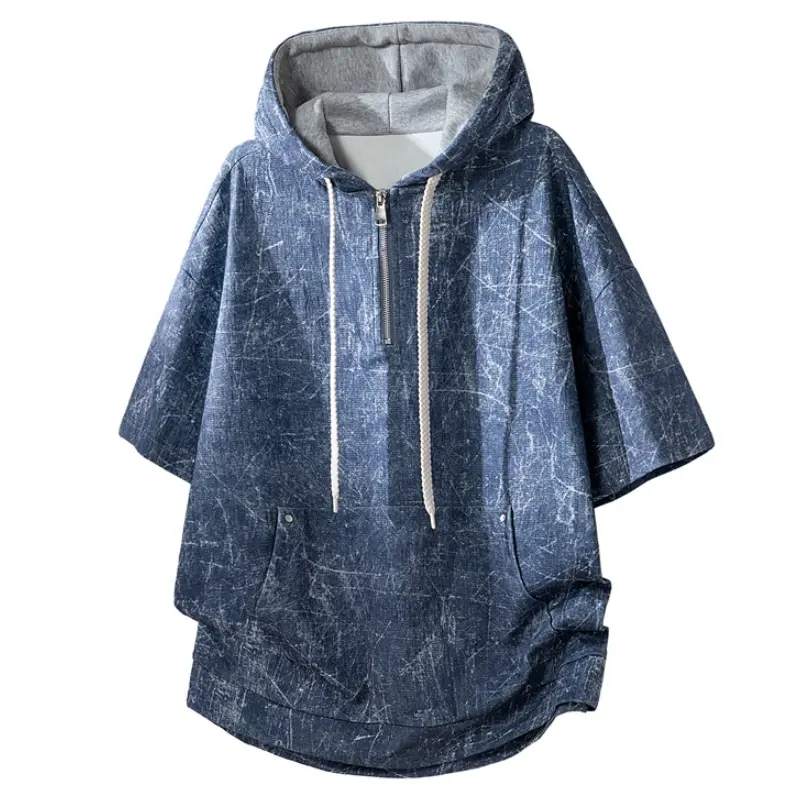 Men's Tie-Dye Half-Zip Hoodie, Oversized Streetwear Pullover with Short Sleeves and Side Pockets for Summer, Sweatshirt, Stylish, Breathable
