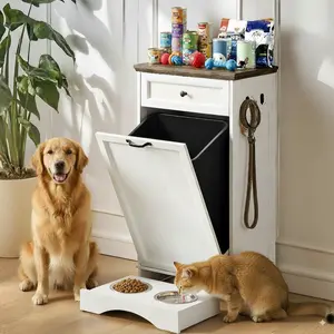 13 Gallon Tilt Out Trash Can Cabinet Hidden Trash Garbage Can Cabinet with Drawer,Pet Proof Hidden Garbage for Kitchen,Laundry Bathroom (White, Single Door)