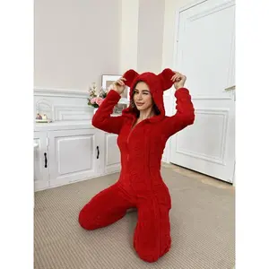 Women’s Plush Bunny Ear Hooded Zipper Jumpsuit, Fall & Winter Casual Warm One-Piece, Thick Fabric Loungewear