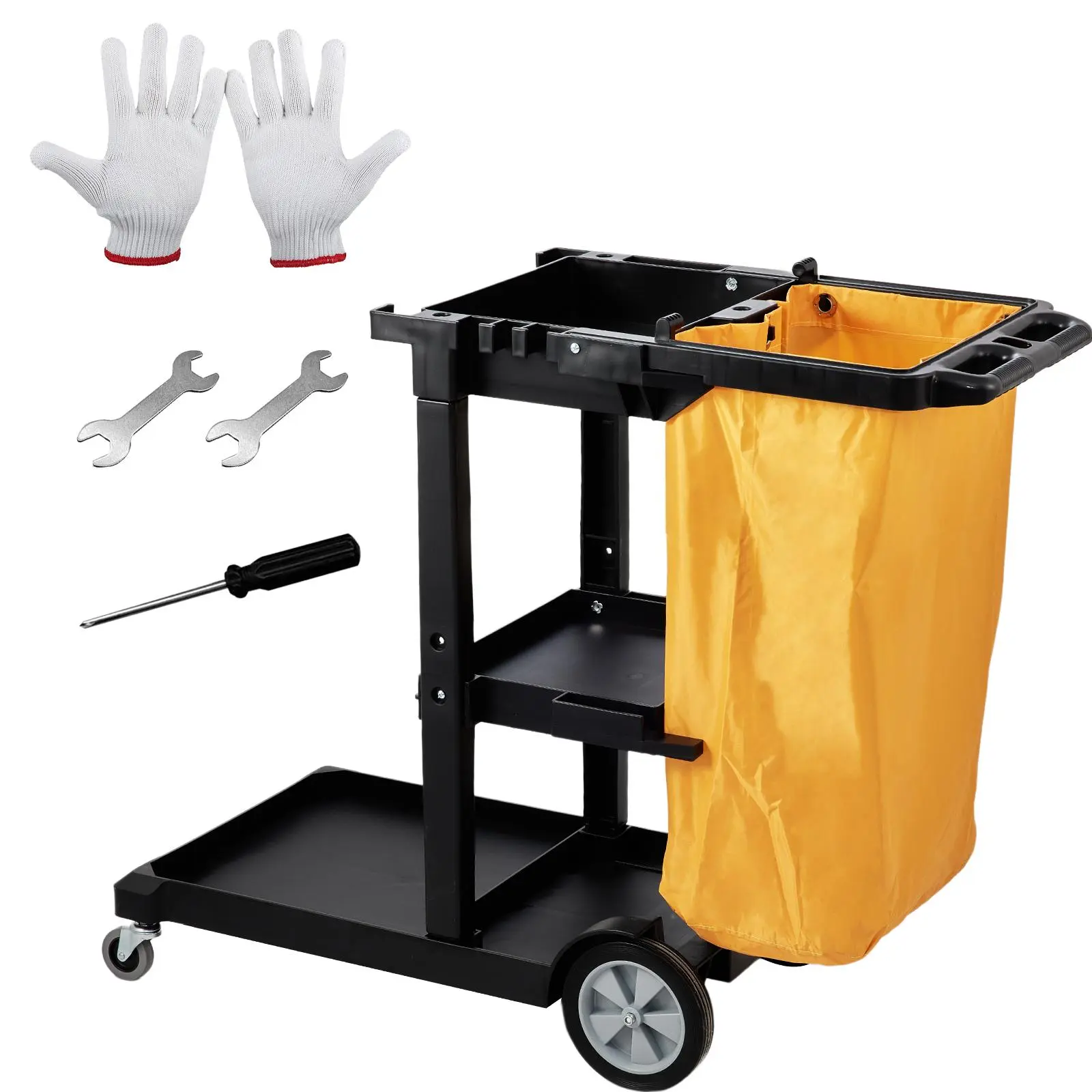 【summerfinds】VEVOR Cleaning Cart, 3-Shelf Commercial Janitorial Cart, 200 lbs Capacity Plastic Housekeeping Cart, with 25 Gallon PVC Bag, 47 x 20 x 38.6in, Yellow & Black