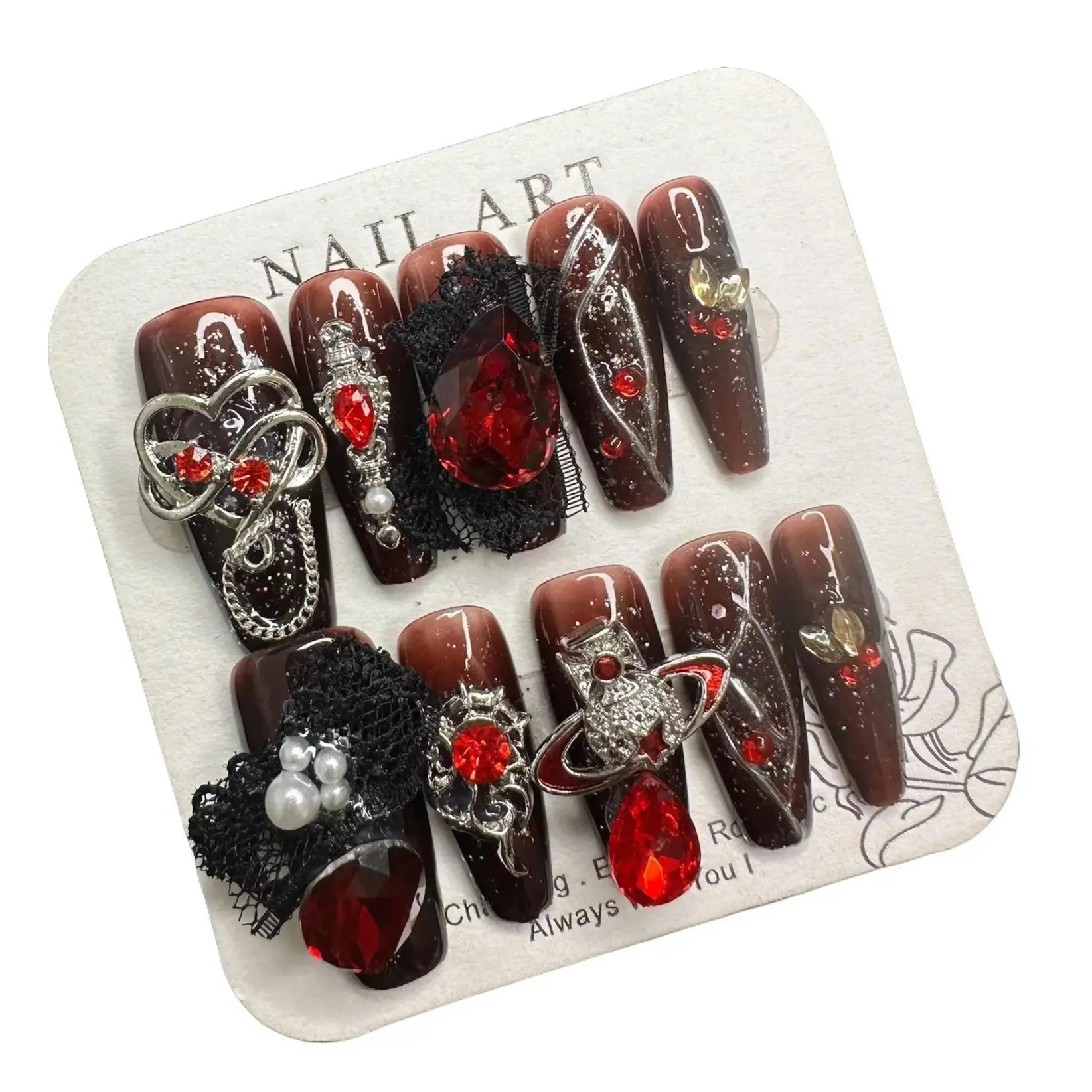 S70 Scarlet Bramble Handmade Reusable Nail Art Patches, Manual Application, Removable Wearable Nail Accessories, Handmade Reusable Nails