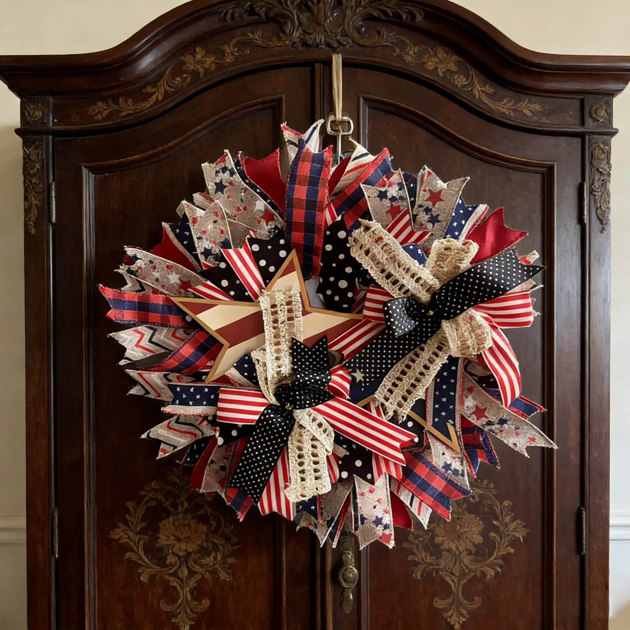 Vintage Patriotic Star Design Wreath, Blue American Flag Burlap Wreath, Memorial Day and Veterans Day Tribute Porch Decorations