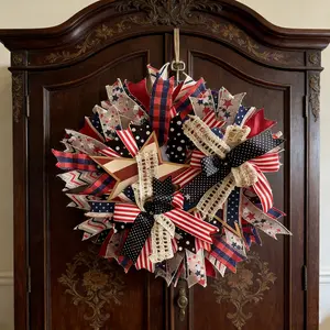 Vintage Patriotic Star Wreath, Blue American Flag Burlap Wreath, Memorial Day and Veterans Day Porch Decorations