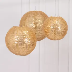 Set of 3 Shimmer Gold Sequin Fabric Hanging Lanterns, Decorative Round Foldable Chinese Lantern Lampshades - 8",10",12"