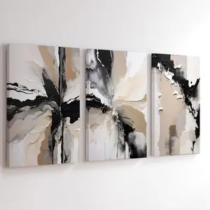 3Pcs Wooden Framed Modern 2D Flat Geometric Abstract Wall Art, Black Neutral Beige Canvas Posters, Ready To Hang, Artwork Wall Painting For Gift, Wall Decor for Bedroom, Living Room, Office, Home And Dormitory Decoration