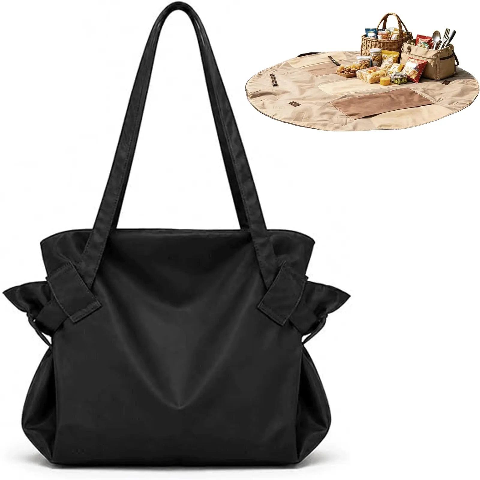 2-in-1 Convertible Picnic Mat Tote Bag, Oxford Fabric Portable Outdoor Blanket and Carry Bag for Park, Beach, Camping, Travel & Lawn