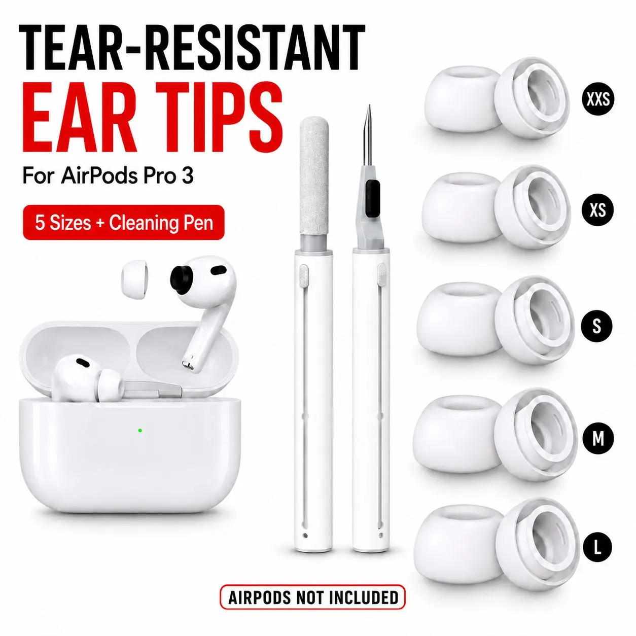 HiFan Tear-Resistant Replacement Ear Tips for AirPods Pro 3, No Foam Filling, Durable Solid Silicone Eartips, XXS/XS/S/M/L 5 Sizes with Cleaning Pen
