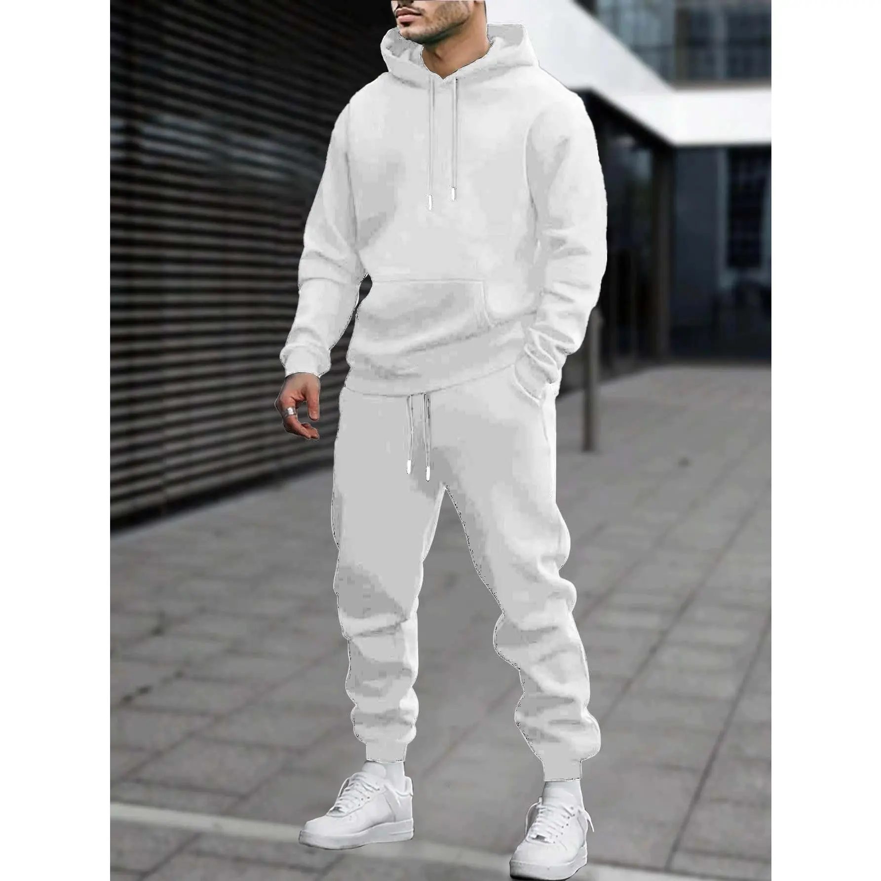 Men's 2pcs White Hoodie & Jogger Set - Casual Solid Color, Knit Polyester, with Pockets |   Perfect for Fall/Winter Sports & Leisure fall outfit