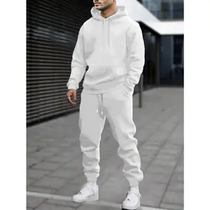 2 Pcs Men's White Hoodie & Jogger Set - Soft Knit Polyester, Casual Solid Color, with Pockets for Fall/Winter Sports & Leisure