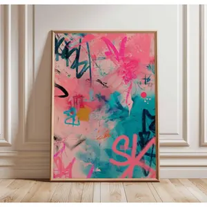 Graffiti Style Wall Art Poster, Pink and Teal Abstract Urban Print, Unframed Street Art for Bedroom, Office or Modern Loft Decor