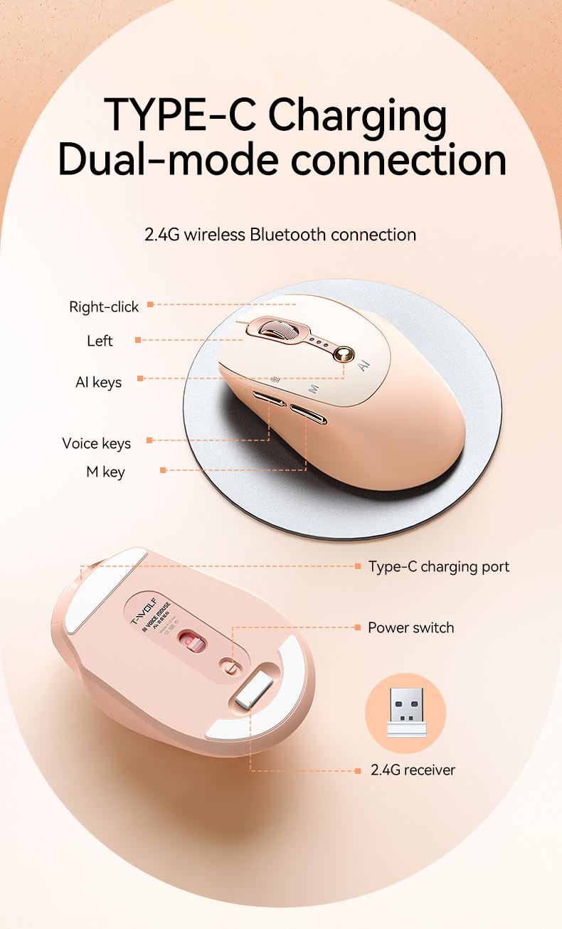 AI Voice Smart Mouse with New AI Model for Efficient Office Use One-Click Operation in Pink & White Ideal for Modern Office Tasks
