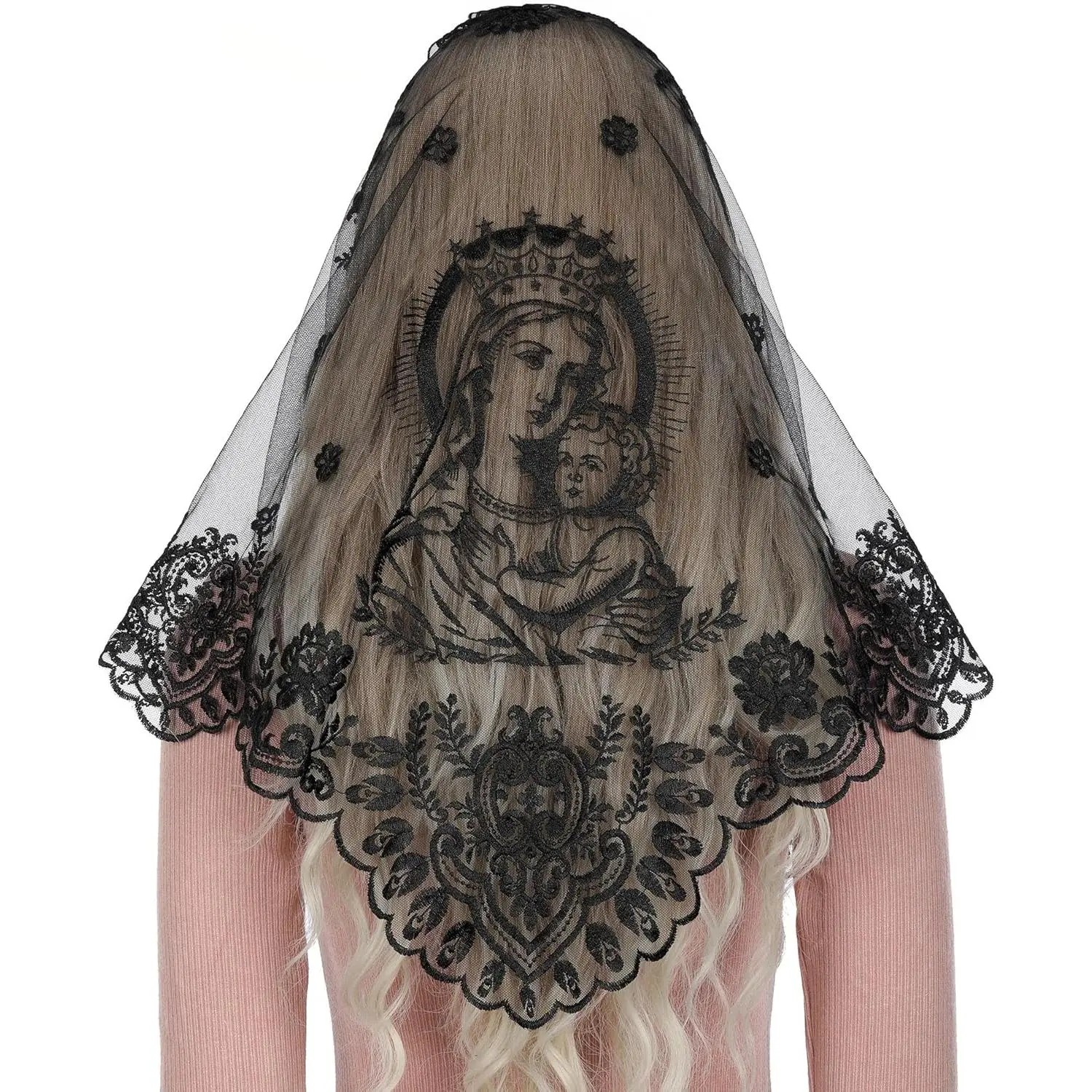 Virgin Mary Chapel Veil for Church , Mother of God Embroidered Mantilla Veils Lace Head Coverings for Women