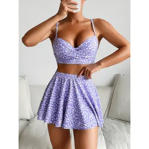European and American New Floral Print Hard Cup Underwire Push-Up Cross-Strap Skirt 3pcs Bikini Swimsuit for Beach, Seaside, Leisure, Vacation, and Hot Spring apron belly swimsuits