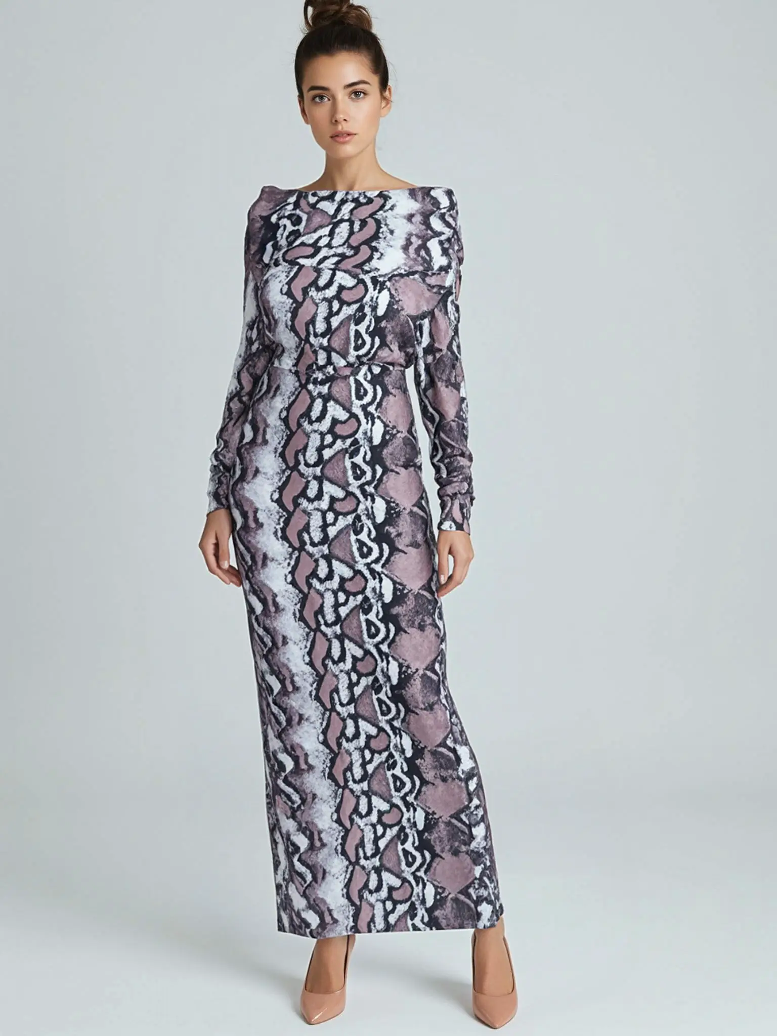 Bodycon snakeskin print dress stretch knit, long flare at the bottom, casual, light, long sleeve, Party dress
