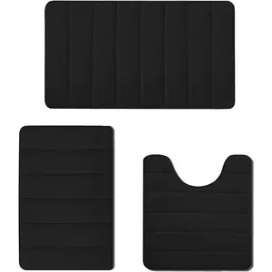 Memory Foam Bathroom Rugs 3 Piece Set, Ultra Soft Water Absorbent Bathroom Rugs Quick Dry Machine Washable, Non-Slip Bath Mat 3 Pieces Set with PVC Backing- Black