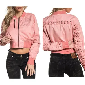 AFFLICTION Women's EMBROIDERY JACKET LACE UP BOBMBER Skull Biker rose Pink