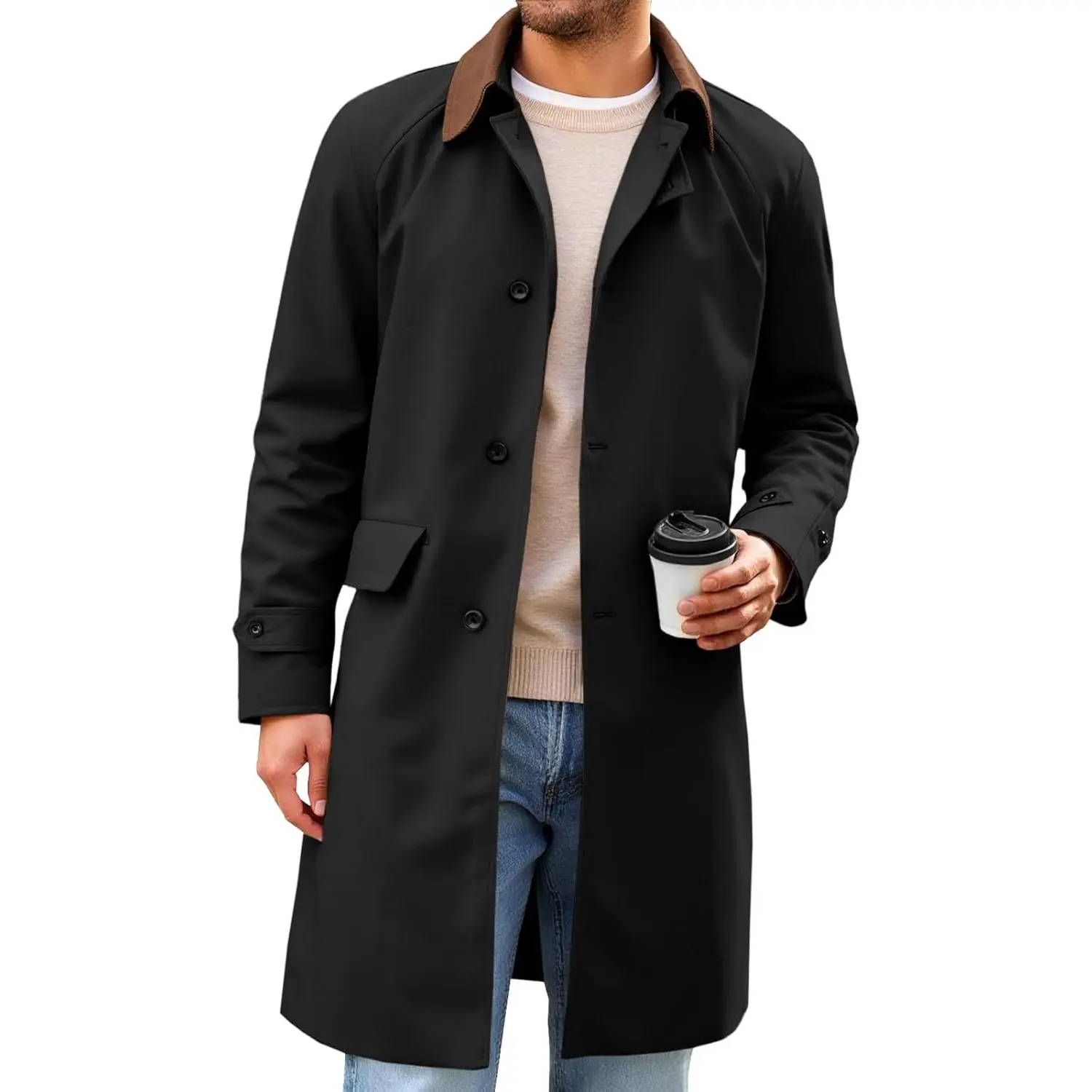 Runcati Menswear Classic Single-Breasted Corduroy Lapel Long Trench Coat - Soft, Long-Sleeves, Turtleneck Fall Casual Vintage Windbreaker Overcoat, Mid